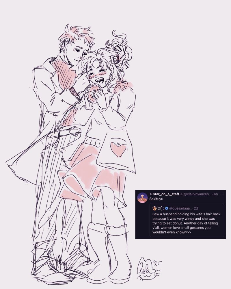 Rough digital artwork of Ei Sekigahara and Iori Fuyusaka from the game 13 Sentinels: Aegis Rim. Pasted onto the canvas is a screenshot of a tweet reading "Saw a husband holding his wife's hair back because it was very windy and she was trying to eat donut. Another day of telling y'all, women love small gestures you wouldn't even knoww>>"; the original post is quote-retweeted with the caption "Sekifuyu". The artwork is SekiFuyu as the described scene, with Ei holding Iori's hair back as she happily eats a donut. The wind is blowing their hair and clothes around, and Ei looks at Iori lovingly.