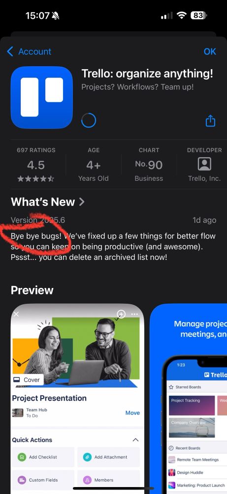 Trello update changelog bye bye bugs 
