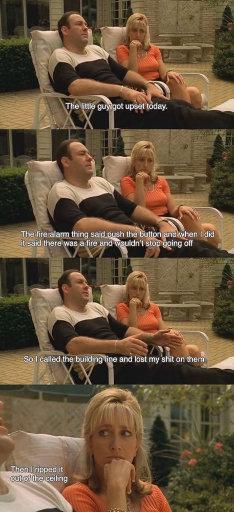 4 panels of Tony Soprano talking to Carmela. The little guy got upset today. The fire alarm thing said push the button and when I did it said there was a fire and wouldn't stop going off So I called the building line and lost my shit on them Then I ripped it out of the ceiling