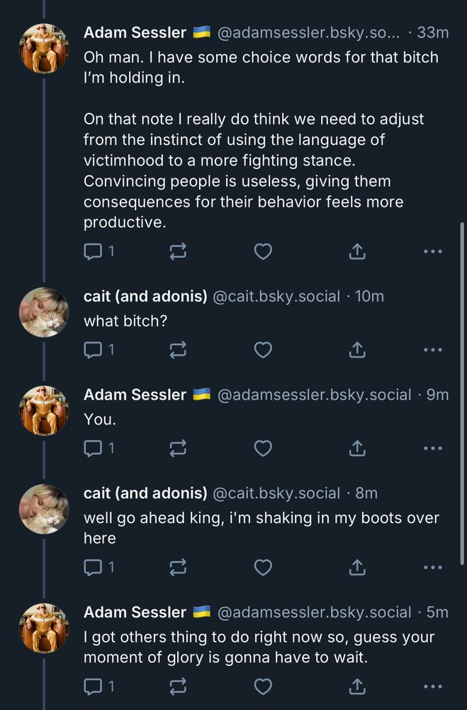 Adam Sessler
@adamsessler.bsky.so... • 33m
Oh man. I have some choice words for that bitch I'm holding in.
On that note I really do think we need to adjust from the instinct of using the language of victimhood to a more fighting stance.
Convincing people is useless, giving them consequences for their behavior feels more productive.

cait (and adonis) @cait.bsky.social • 10m
what bitch?

Adam Sessler
You.
@adamsessler.bsky.social • 9m

cait (and adonis) @cait.bsky.social • 8m
well go ahead king, i'm shaking in my boots over here

Adam Sessler
@adamsessler.bsky.social • 5m
I got others thing to do right now so, guess your moment of glory is gonna have to wait.