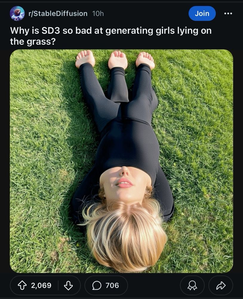 r/StableDiffusion 10h
Join
• •
Why is SD3 so bad at generating girls lying on the grass?