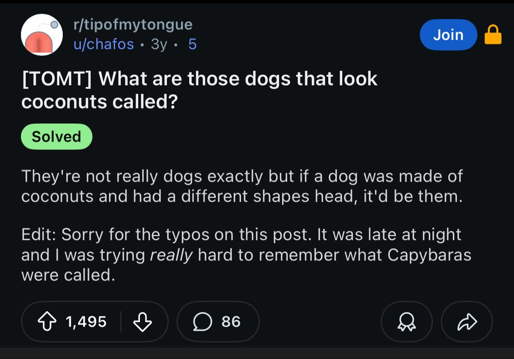 r/tipofmytongue
u/chafos • 3y • 5
[TOMT] What are those dogs that look coconuts called?
Solved
They're not really dogs exactly but if a dog was made of coconuts and had a different shapes head, it'd be them.
Edit: Sorry for the typos on this post. It was late at night and I was trying really hard to remember what Capybaras were called.