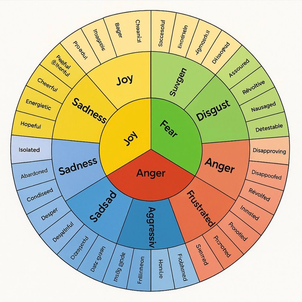 emotion wheel starting with "joy, fear, anger" in the center and then lapsing into gibberish 