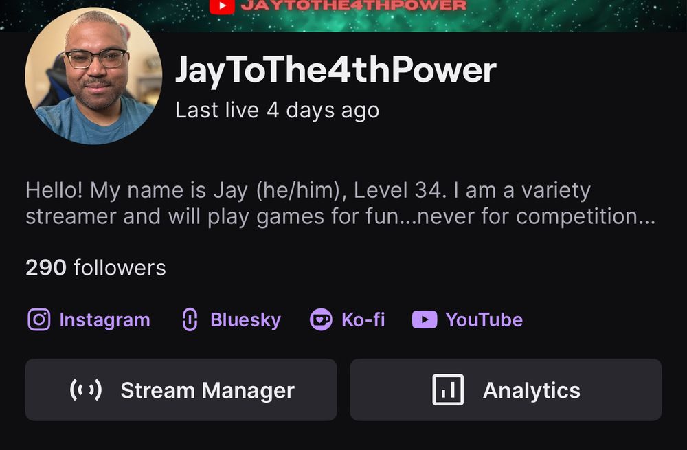 A snapshot showing Jay’s Twitch channel, currently at 290 followers.