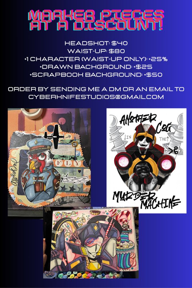 Commission example sheet showing examples of my full marker drawings. Contains information on discounted pricing which is $40 for a headshot and $80 for a waist up. Includes add ons such as adding an extra character for 25%, adding a drawn background for $20, and adding a scrapbook background for $50