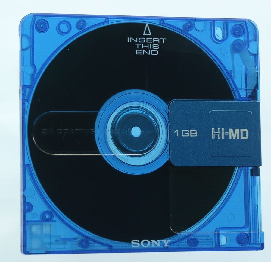 Picture of a blue translucent MiniDisc by Sony. Hi-MD version, 1 gigabyte capacity.