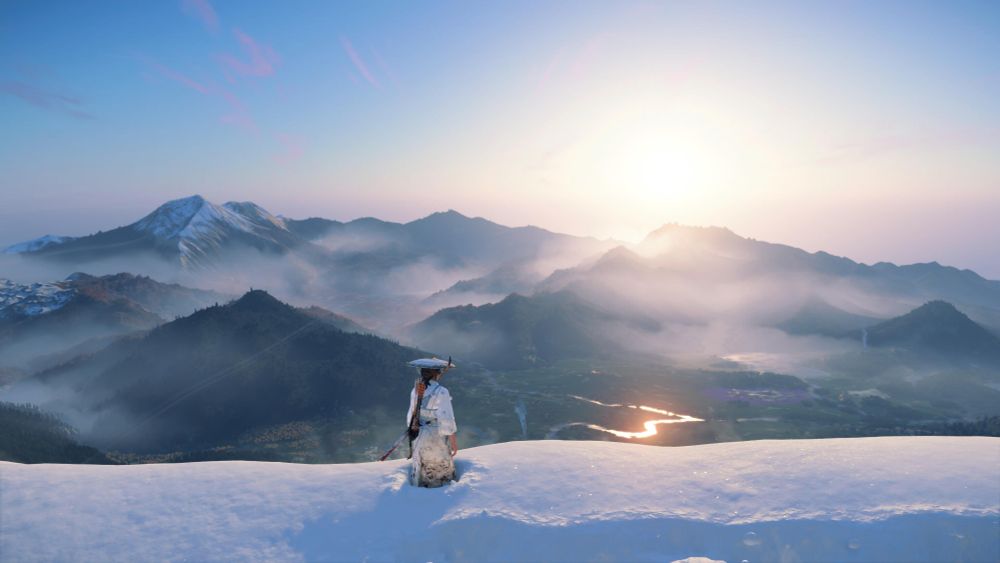 A warrior stands atop a snowy mountain watching the Sunday go down