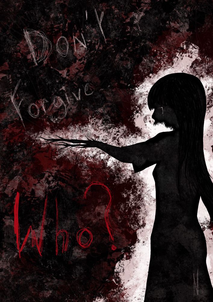 La silhouette d'une femme sur un fond blanc. Elle n'a pas de mâchoire, seulement des espèces de petites dents. Elle tend son bras vers quelque chose hors champ, impossible de savoir ce que c'est. Son bras est difforme, il se change en branchages tentaculesques qui tentent d'attraper ce qu'elle convoite. Qui sait ce qu'elle cherche ? Sur le fond chaotique, composé d'amalgames de couleurs, trois mots : "Don't Forgive..." en blanc et "Who ?" en rouge. La traduction est la suivante : "Ne pardonne pas... Qui ?"
Un seul détail, la femme verse une larme. Presque illisible, partout sur le fond il est possible de lire "Where" soit "où". C'est toujours pas un de mes plusieurs joyeux.