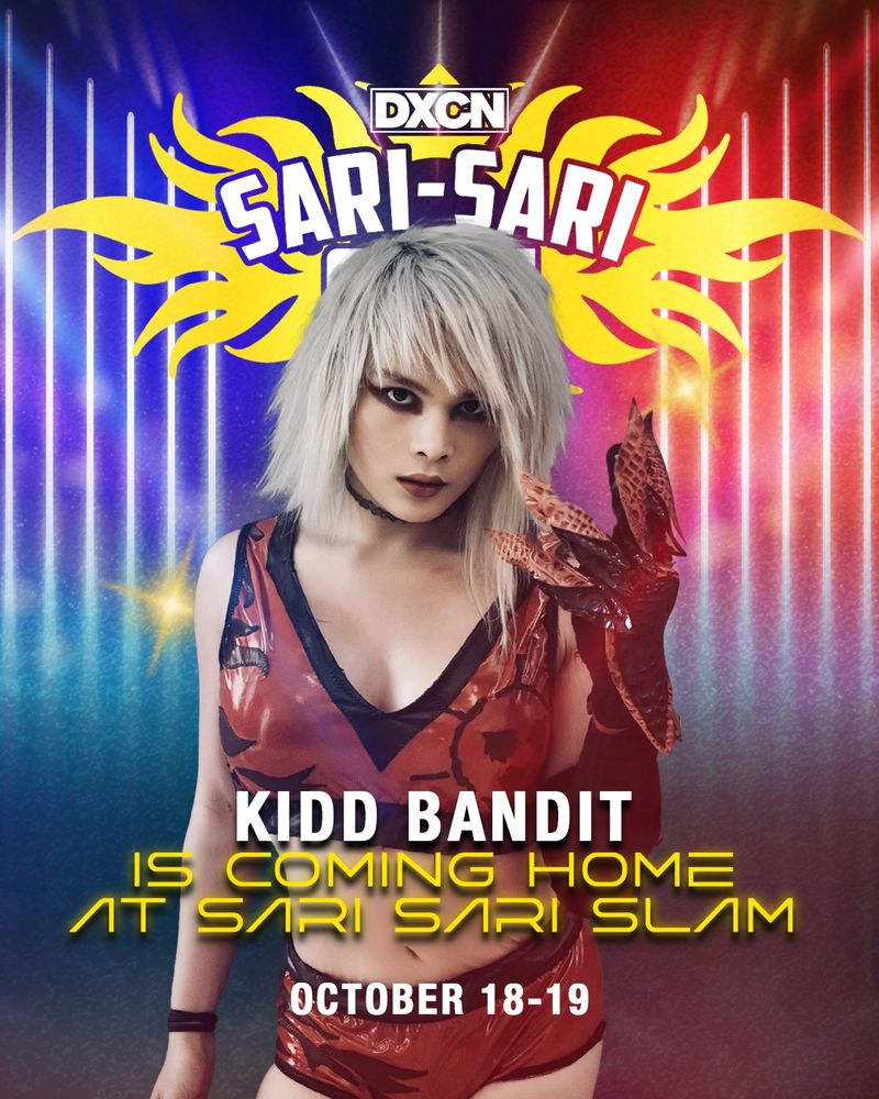Promotional graphic for "SARI-SARI" featuring the DXCN logo at the top. In the foreground, Kidd Bandit poses confidently with platinum blonde hair, wearing a shiny red/black wrestling gear. Text reads: "KIDD BANDIT IS COMING HOME AT SARI SARI SLAM OCTOBER 18-19." 