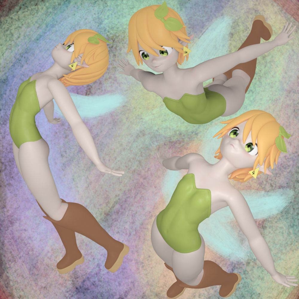 3D model of a orange haired fairy wearing a green leotard with a green bow tie bound in her hair, flying in different perspectives with a abstract crayon drawn background 