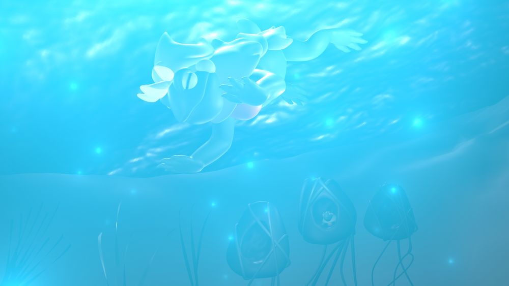 Frog diving underwater with floating capsule burrows in the background.
