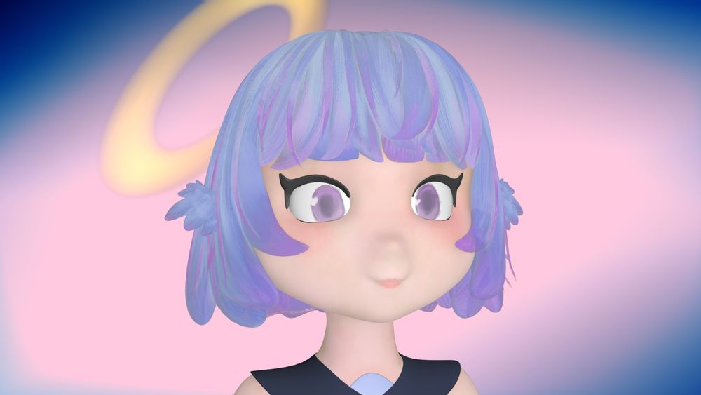 3D blender sculpt of a short blue purple haired girl with pink accents, a halo and ear wings smiling gently. The shading is made to make it look like a 2D art event though it's 3D