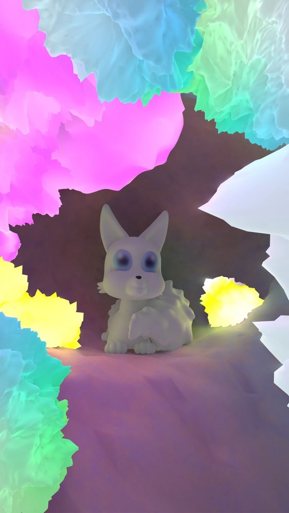 Render of a 3D fox resting in a crystal cave
