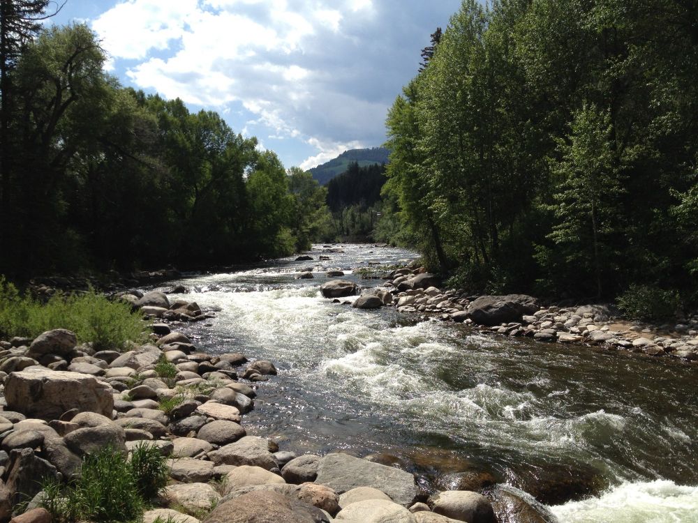 Rough water and shallow falls along the Eagle River near Avon, CO. The banks of the river are rocky and the photo looks upstream past the falls with green trees on either side.