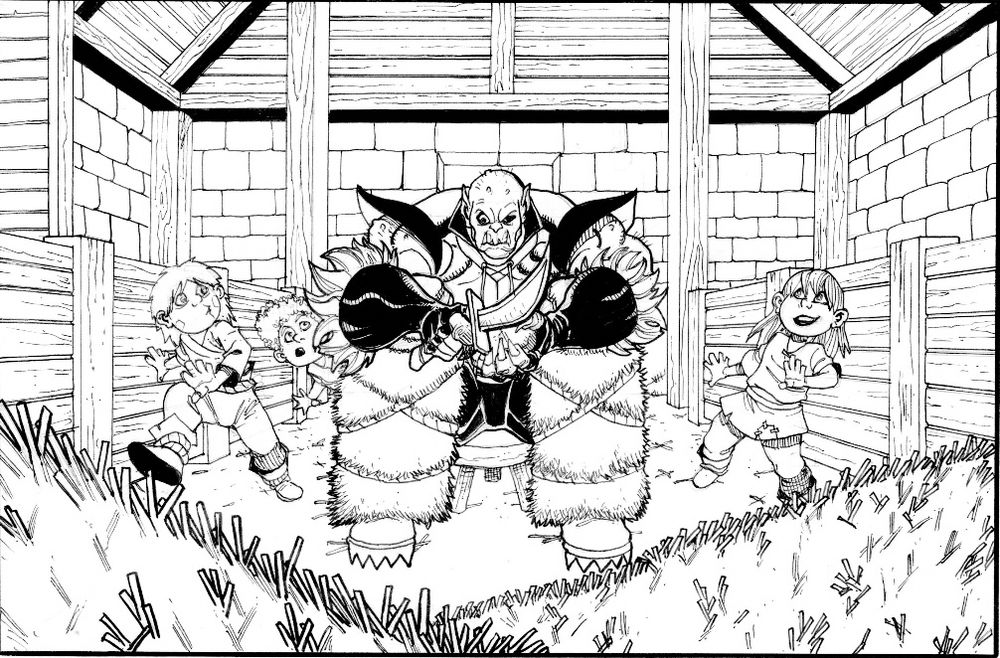 Arlog Shanks sits in a barn, on a little stool too small for him, surrounded by curious kids. He is stewing with annoyance as he sharpens his knife. Art by Joe Mulvey.