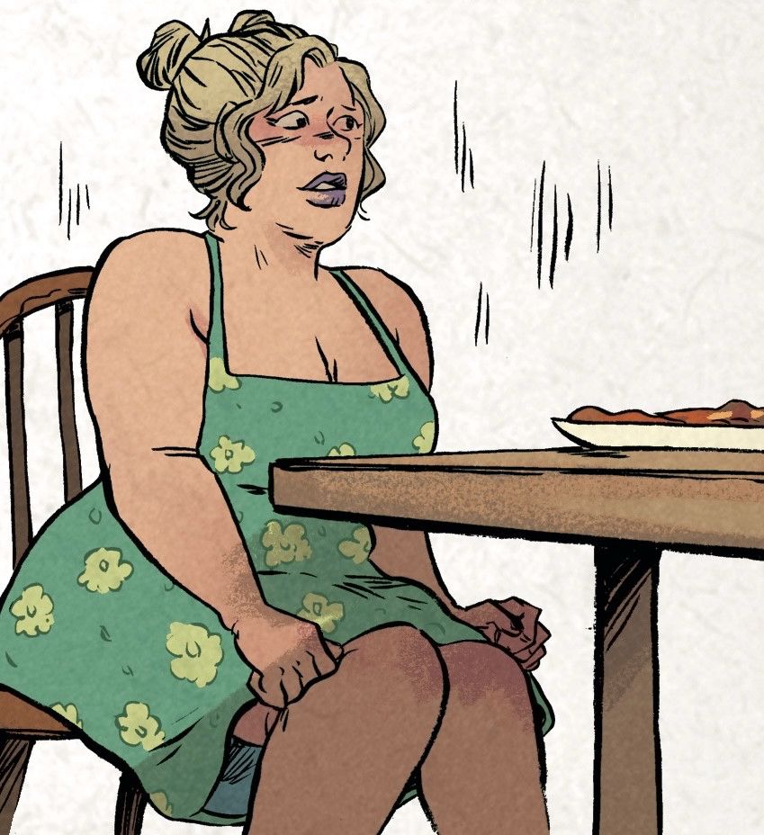 Orla Bard, looking radiant, sits at a table in a green floral summer dress, anxiously kneading at her thighs. Art by Sally Cantirino, colours by Dearbhla Kelly.