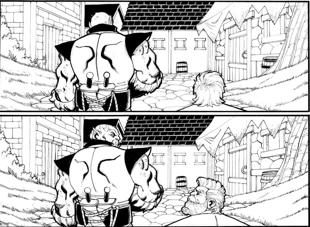 Grawlgore & Shanks art by Joe Mulvey, featuring orc Arlog Shanks and dwarf Vaun Grawlgore walking side by side through a town.