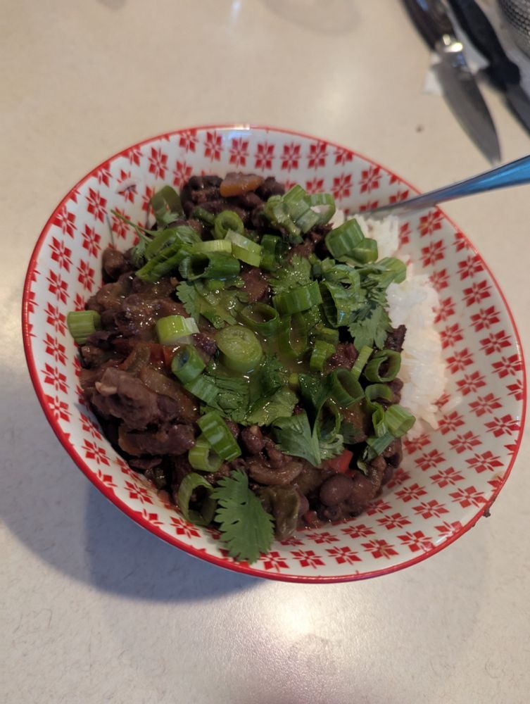 bowl of chili with rice, green onions and cilantro 