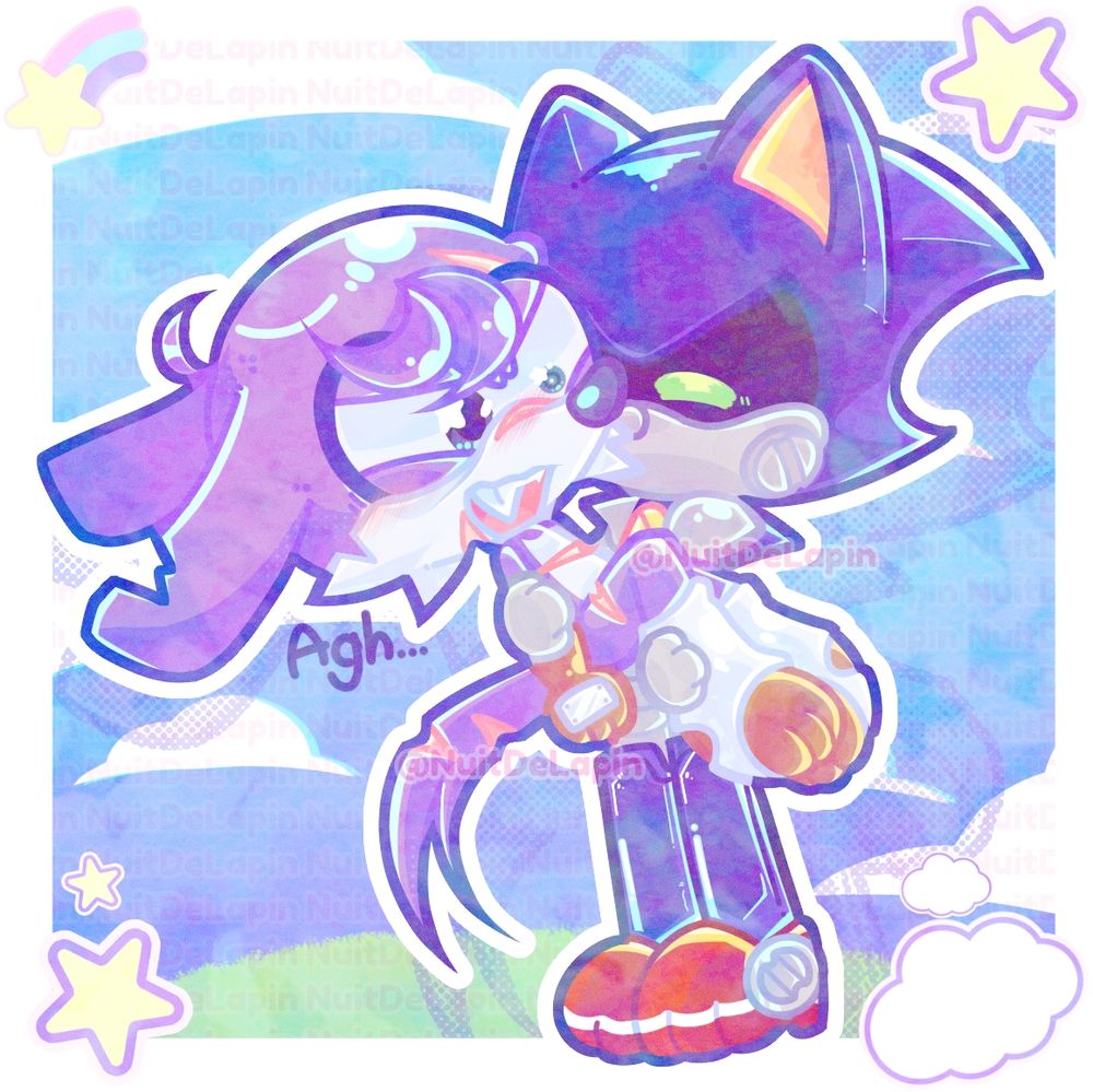 Fanart de: Fang the Sniper / Hunter / Nack the Weasel siendo cargado por Metal Sonic, ambos perteneciendo a un Au.
Personajes originales de Sonic the Hedgehog — Sth

Este dibujo pertenece a @NuitdeLapin