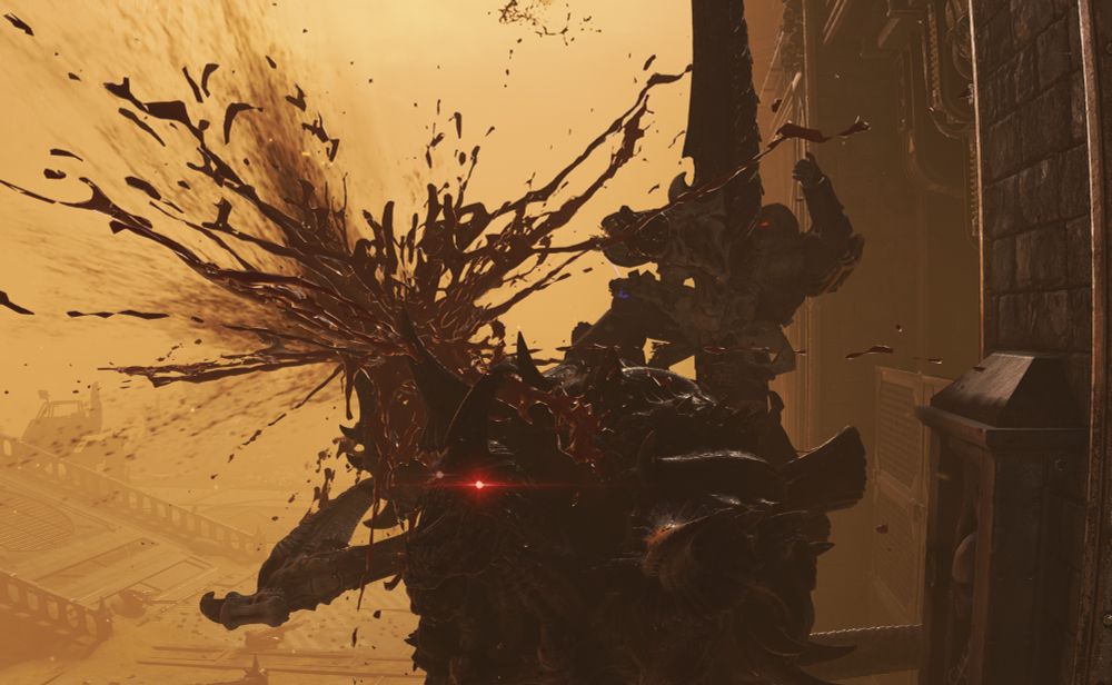 An Astartes of the Argent Paladins chapter bringing a gory end to a Carnifex.