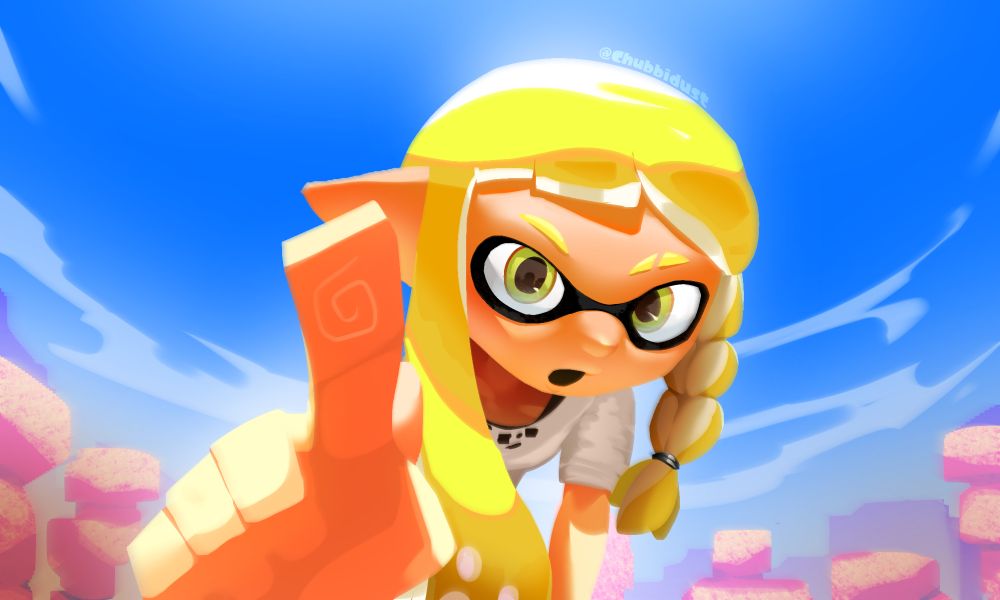 the inkling girl named veronika leaning in close to the camera with her mouth partially open and poking at it with her finger. she's in scorch gorge and the sun is directly overhead