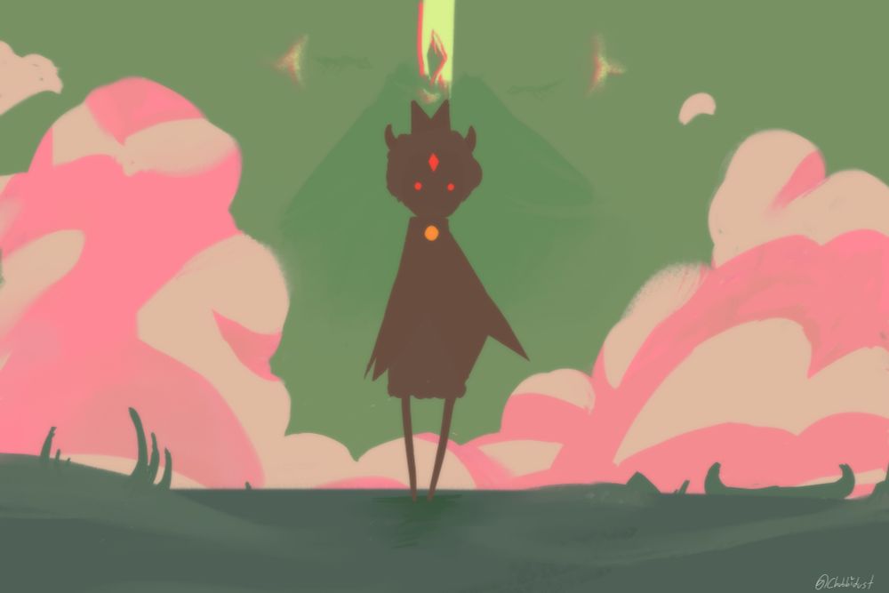 a sky kid dressed like the lamb from 'cult of the lamb' ominously staring at the camera. the sky kid is in golden wasteland, surrounded by big clouds and sand. a pillar of light on a mountain is in the distance surrounded by dark dragons.