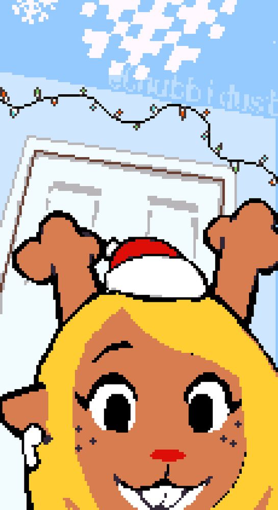 noelle holiday from deltarune looking into the camera with a earbud in her ear and a santa hat between her antlers. she has a big grin on her face. behind her is the door to her bedroom with christmas lights hung above it. snowflake decorations are on the ceiling.