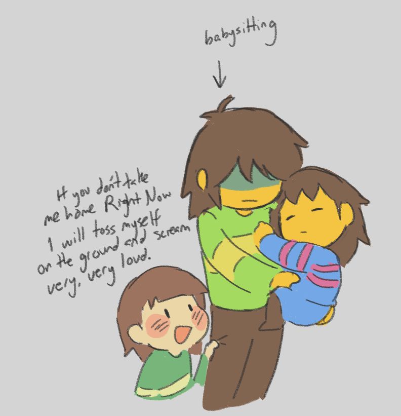 sketch of kris, chara, and frisk. chara is threatening kris with a tantrum and kris is holding frisk because they're babysitting.