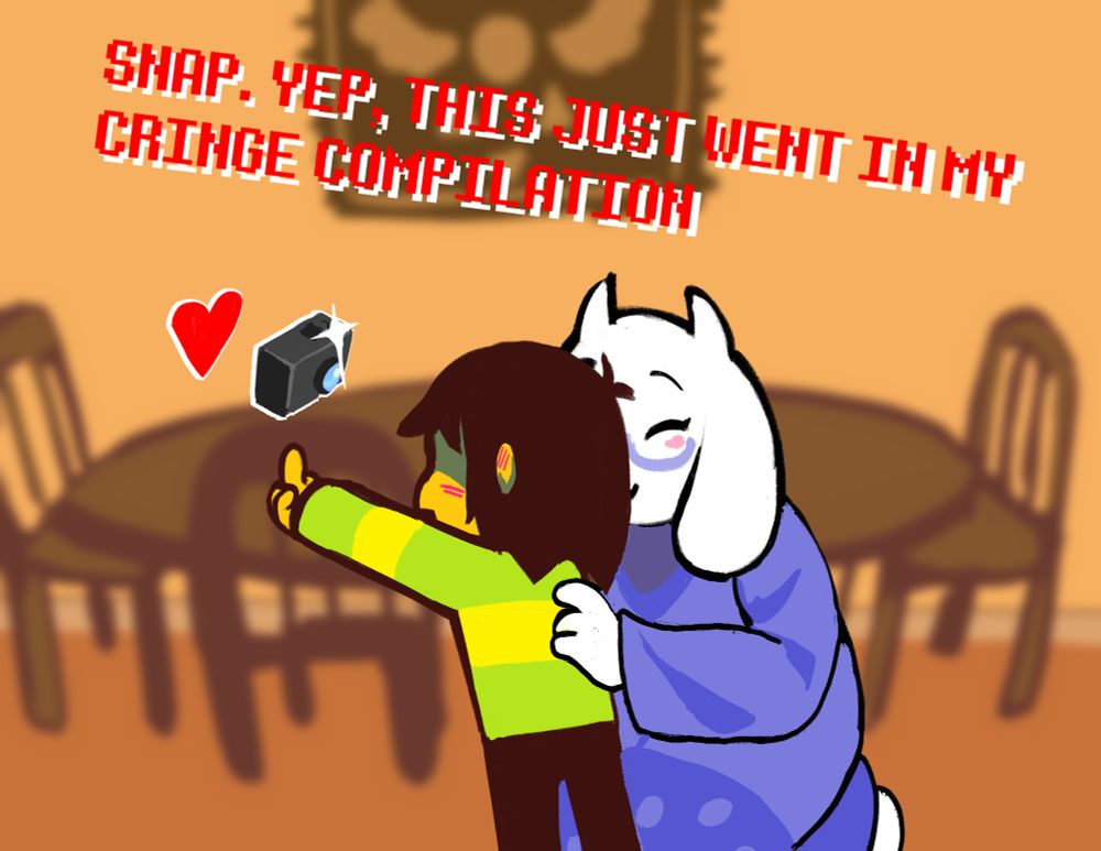 artwork of kris dreemurr and their mother toriel in the kitchen of their house. kris is flipping off the red soul taking a picture of their mom warmly nuzzling them because they're embarrassed. the red soul is saying "SNAP. YEP, THIS JUST WENT IN MY CRINGE COMPILATION"