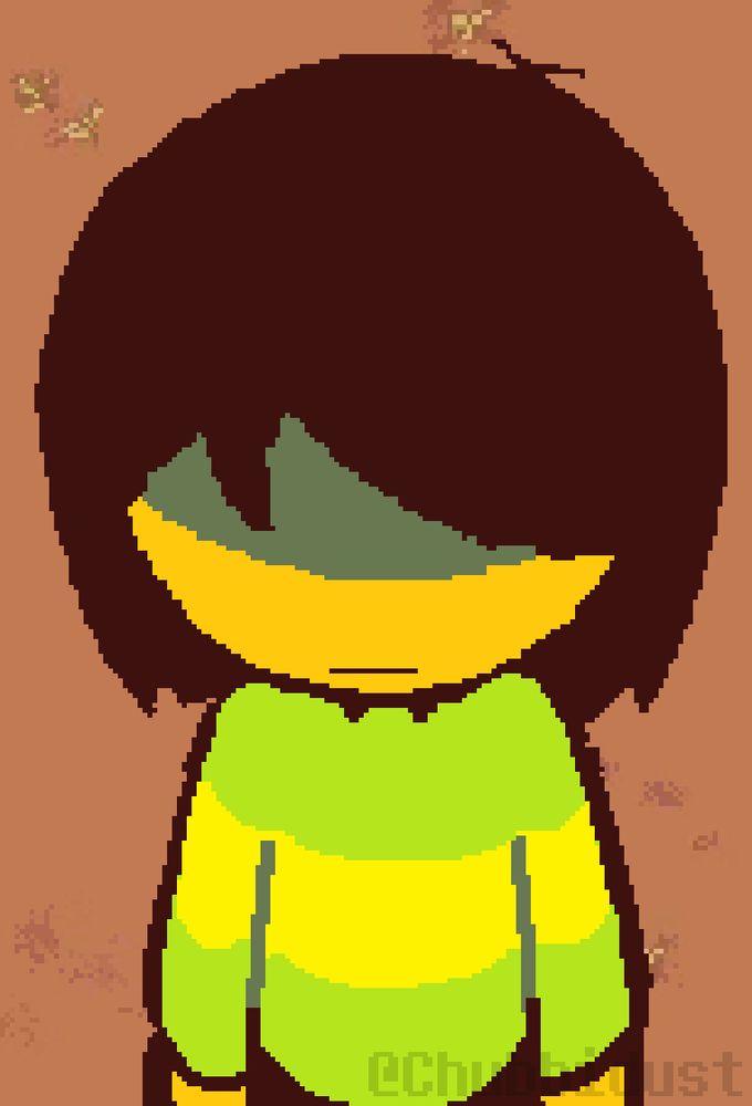pixel artwork of kris dreemurr from deltarune. they're being observed by the viewer from above.