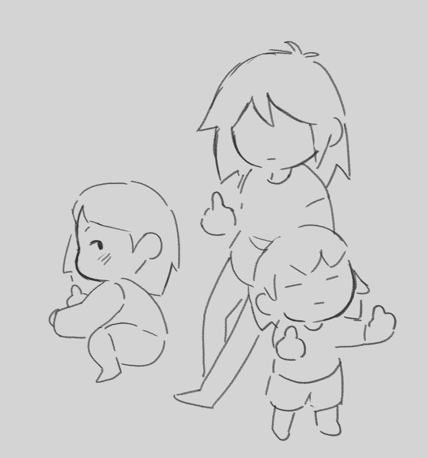 sketch of kris, chara, and frisk all flipping off the camera