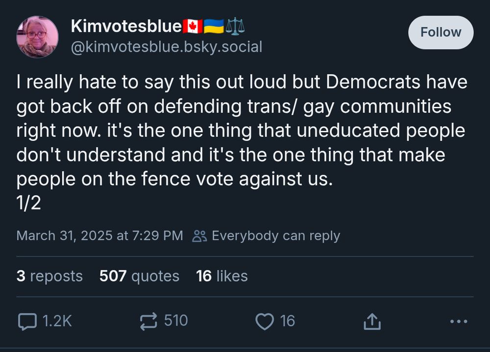 Kimvotesblue suggests we stop defending trans/gay communities. Gets 16 likes and 1k+ comments. (The general vibe of the comments being, "gtfo"