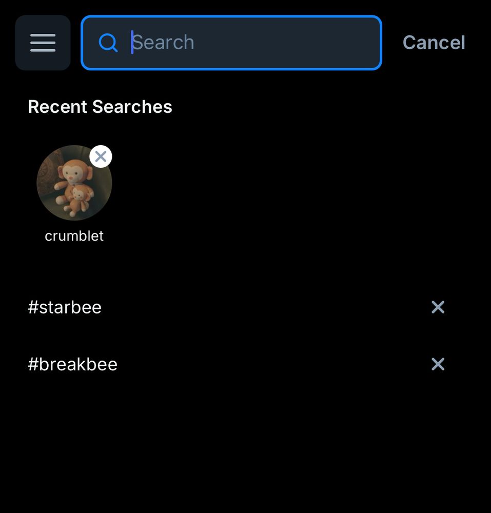 Recent searches in order: @Cuptwost.bsky.social, #starbee, #breakbee.