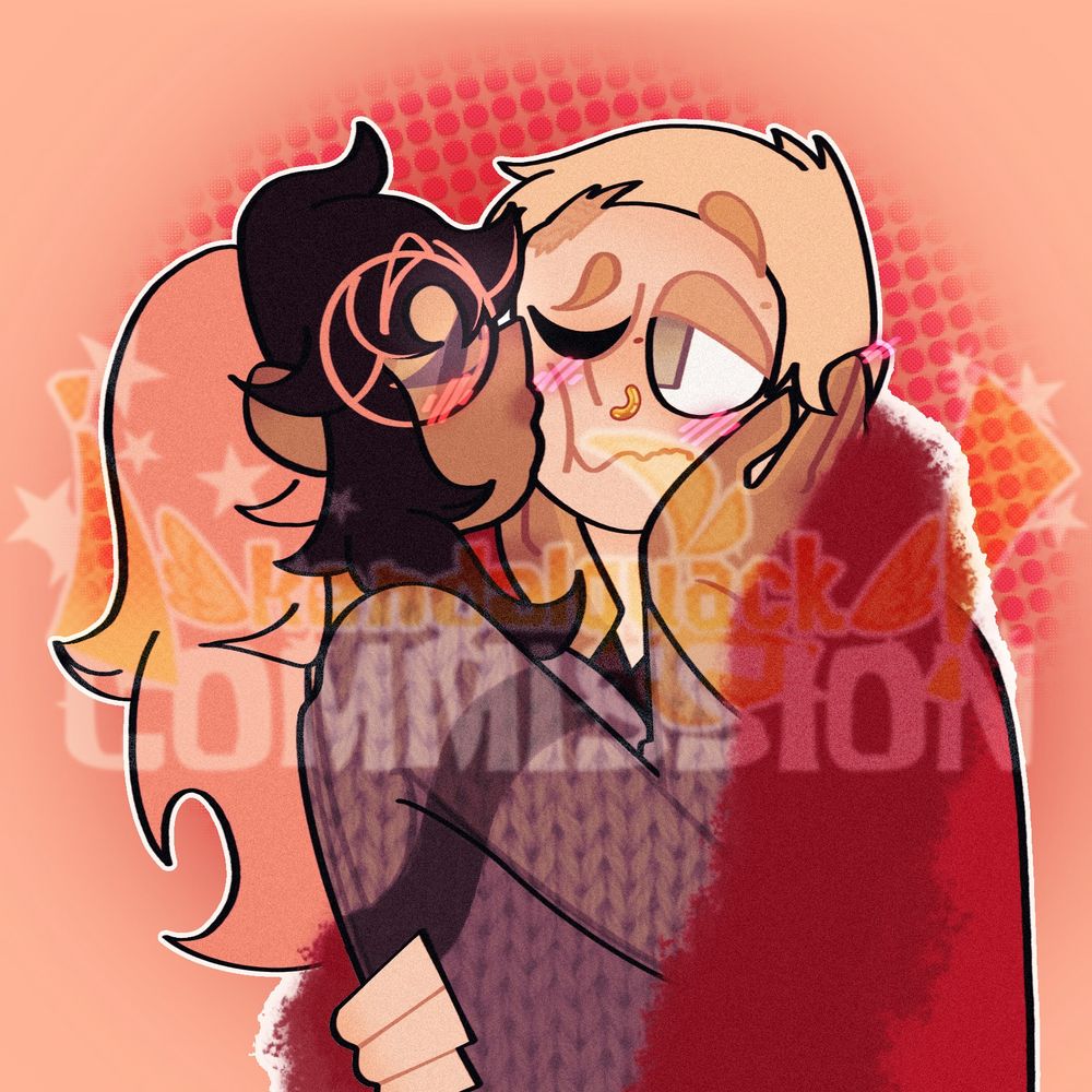Art for a Commission. The women is kissing her boyfriend’s cheek while he’s holding her by the hips and waist