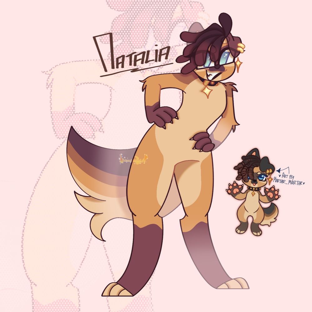 [these AREN’t her OG colors]

Natalia is learning while both of her arms are on her hips.
Next to her is her design from MartarMartar on IG and Toyhouse.