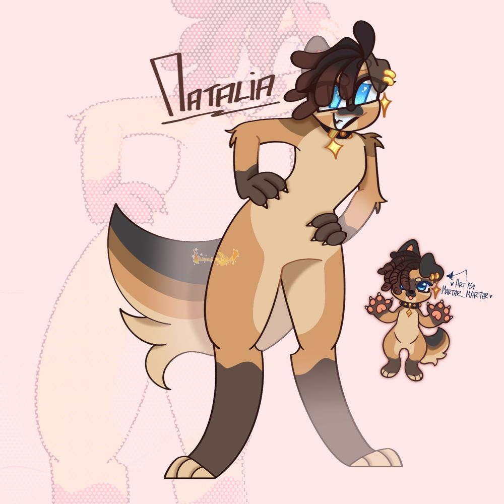 [these ARE her OG colors]

Natalia is learning while both of her arms are on her hips.
Next to her is her design from MartarMartar on IG and Toyhouse.
