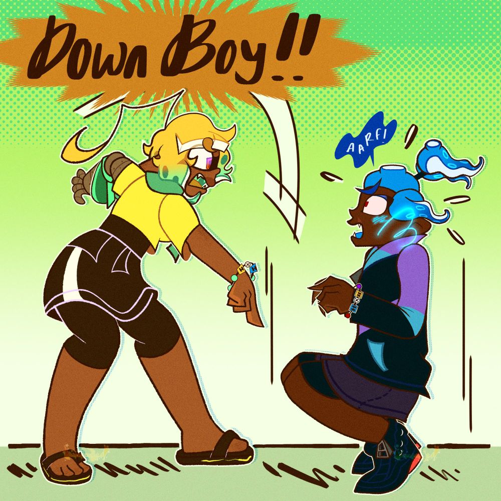 A finished piece of Hoodie, having her hand out pointing at floor yelling “DOWN BOY !!” while her boyfriend, Hakku, is obeying by squatting on the floor with his arms out, sheepishly replying “aarf!” 