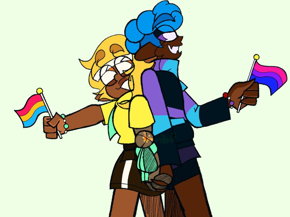 Hoodie and her boyfriend, Hakku, together with their respective pride flags 