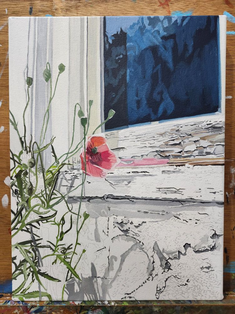 The corner of a 4 pane window with peeling paint on the window frame, the sill and the wall beneath. There is a dying poppy to the left going to seed with one remaining poppy flower in the last throws of its short life. I'm yet to put in the poppy plants shadow and to put the rest of the peeling paint in, its a work in progress. It's oil on canvas 30cms x 40cms.