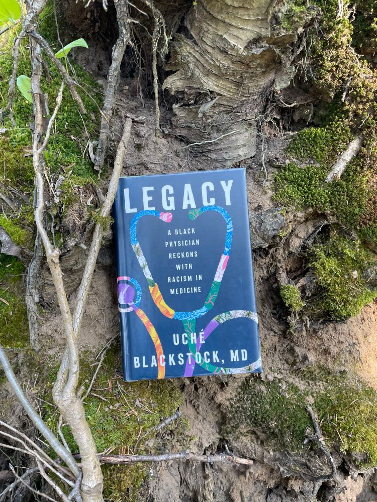 The book Legacy, with a blue cover with a colourful stethoscope resting against a tree stump surrounded by dirt and tree branches 
