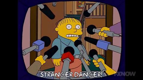 a cartoon of ralph from the simpsons is surrounded by microphones and says " stranger danger "