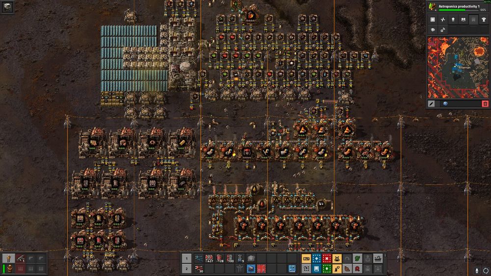 a screenshot from a factorio run in which i have added 15 or so planets (i counted, but i forgot :3) pictured is a fulgora starting base with a bot mall making various essentials, including the wooden conveyor belts added by Lignumis. on the default settings (which they are), tier 1 belts and ammo have to be made out of the wooden tier, making for some interesting (read: agonizing) challenges in getting essential supplies.
A/N: send help making spaceships that can shoot down asteroids is horrible i want to cry at my dysfunctional potato how did i even survive getting to vulcanus