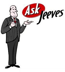 The old Ask Jeeves logo. A cartoon illustrated old, bald, white man in a suit holding out his hand gesturing to the words Ask Jeeves. 