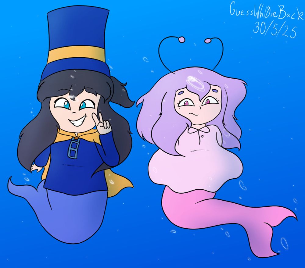 Hat Kid from A Hat in Time and Snailchan from Snail's House, both underwater with purple and pink mermaid tails, respectively. Hat Kid is excitedly grinning and giving a peace sign, while Snailchan has a more shy smile with her hands behind her back.