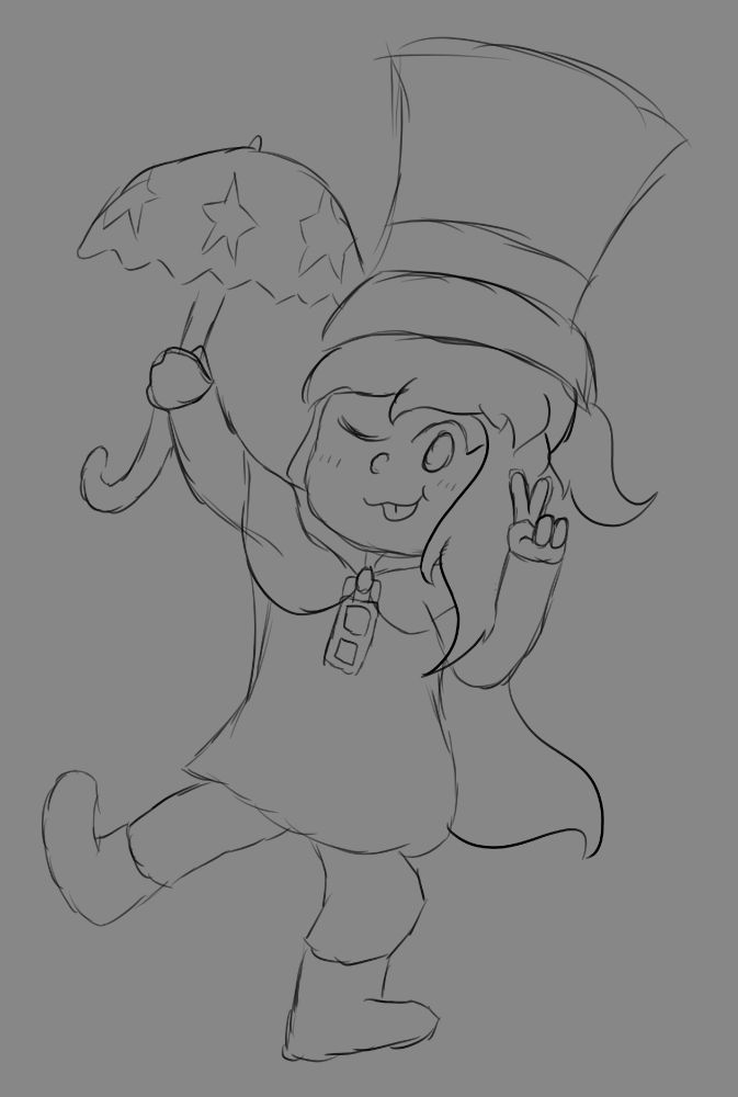 Doodle of Hat Kid from A Hat in Time posing with her umbrella opened in one hand and giving a peace sign with the other, balancing on one leg. She is also winking and has her tongue stuck out