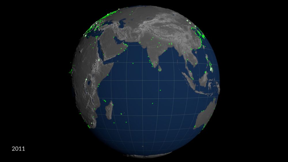 NASA Scientific Visualization Studio | 50 Years of Harmful Algal Blooms: Rotating Globe Unwraps to Robinson Projection