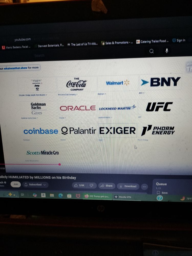 A computer screen showing a screen shot of a Meidas Touch list of Perade sponsors, listing: Jeep/Chrysler, Coca cola, Walmart, BNY, Goldman Sachs, Oracle, Lockheed Martin, UFC, Coinbase, Palantir, Exiger, Phorm Energy, and Scotts Miracle Gro