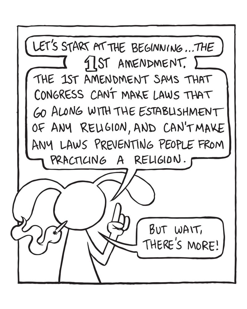 A featureless black and white cartoon rabbit is smoking a joint while saying,"let's start at the beginning... the first amendment. The first amendment says that Congress can't make laws that go along with the establishment of any religion, and can't make any laws preventing people from practicing a religion" the cartoon rabbit is holding up a finger and continues on to say,"but wait, there's more!"