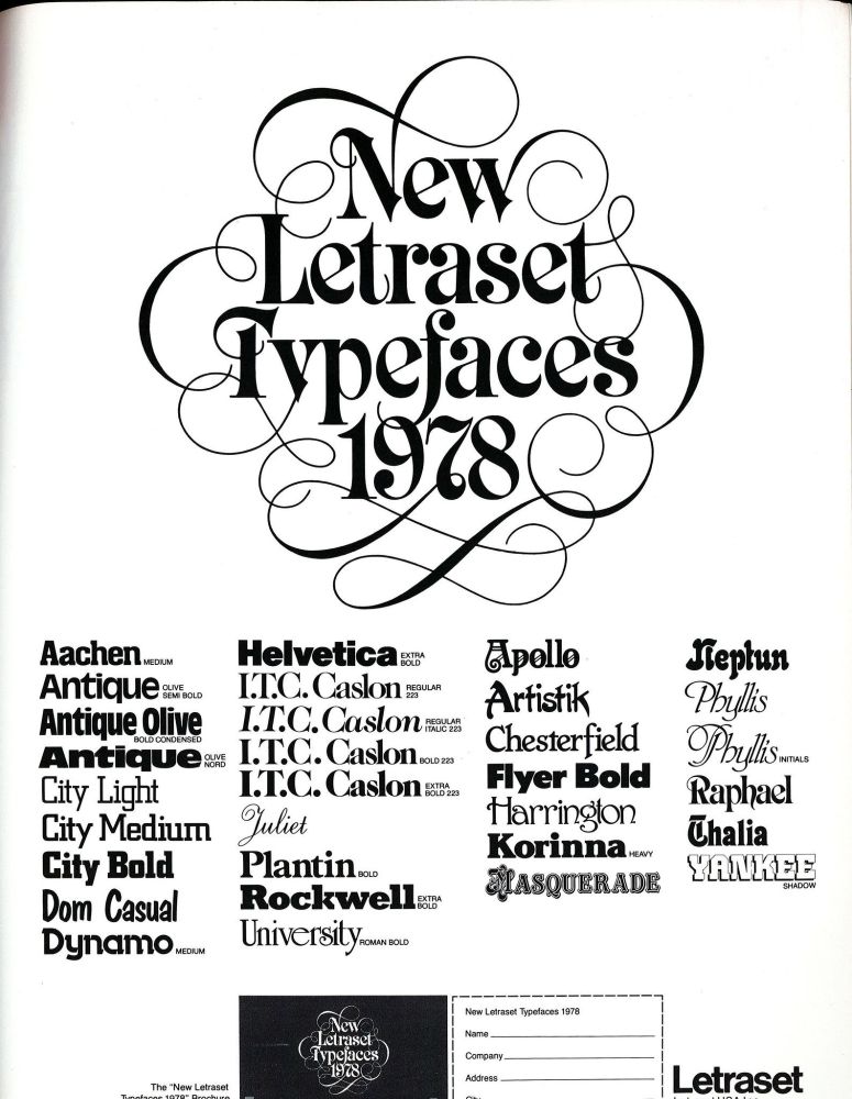 1978 Letraset print advert showcasing new typefaces