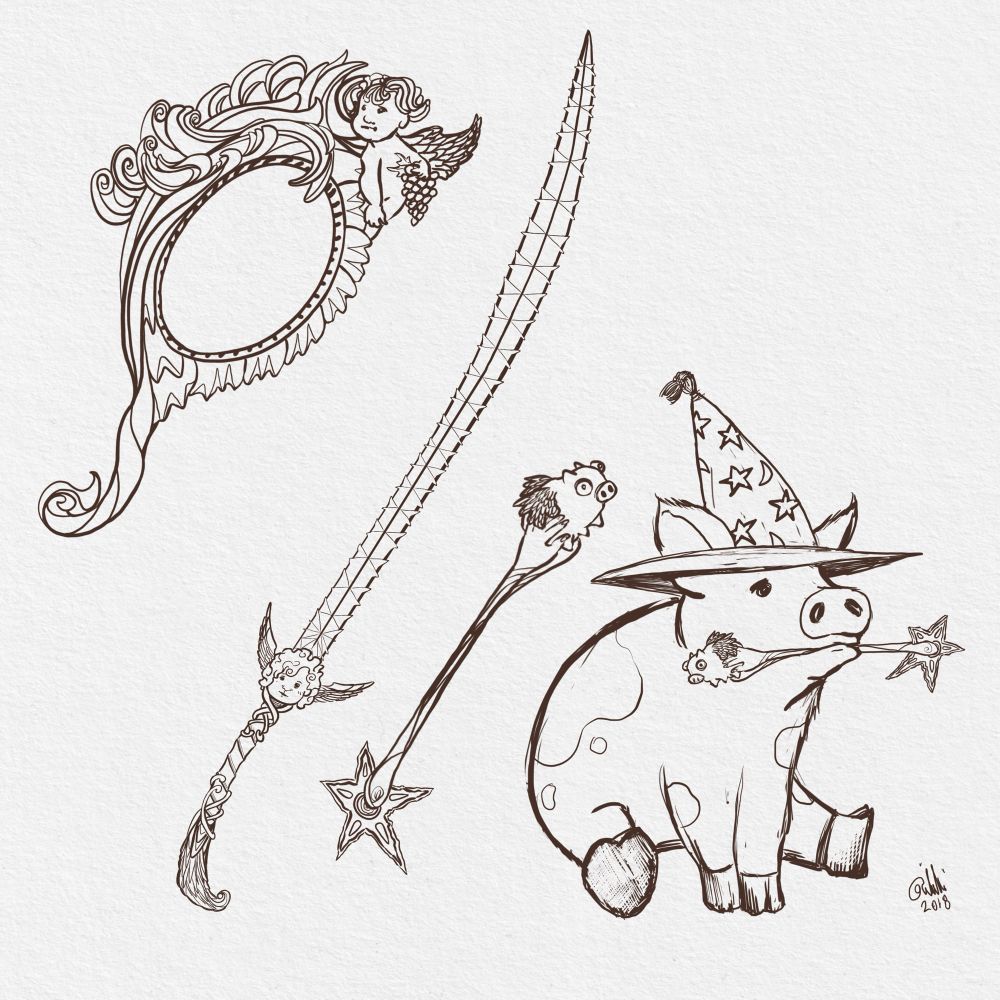 Some things I designed for my D$D campaign: an ornate mirror, a weird sword, a pig wand, and a pig and a wizard hat.